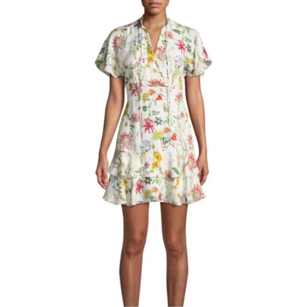 Parker Pink and Yellow Ruffled Flutter Sleeve Mini Dress